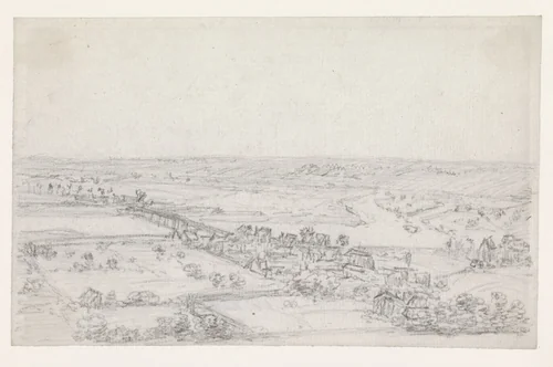 Donker heuvelachtig landschap, rechts huizen by Georges Michel, drawing, 1773-1843