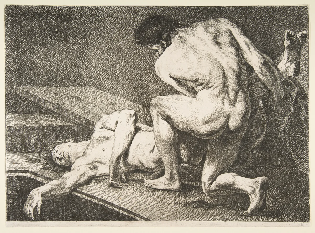 An "Académie": One Man Lifting the Legs of Another Man by Carle Vanloo, print, 1742-1743