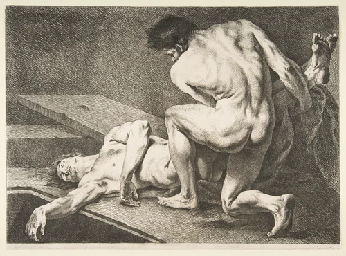 An "Académie": One Man Lifting the Legs of Another Man by Carle Vanloo, print, 1742-1743