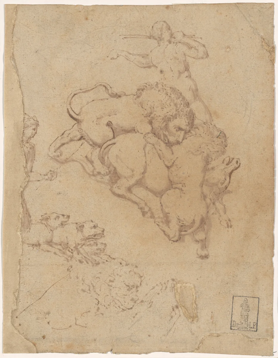 Hunting Scene and Lions Attacking Animals by The Veneto, drawing, 1571-1600