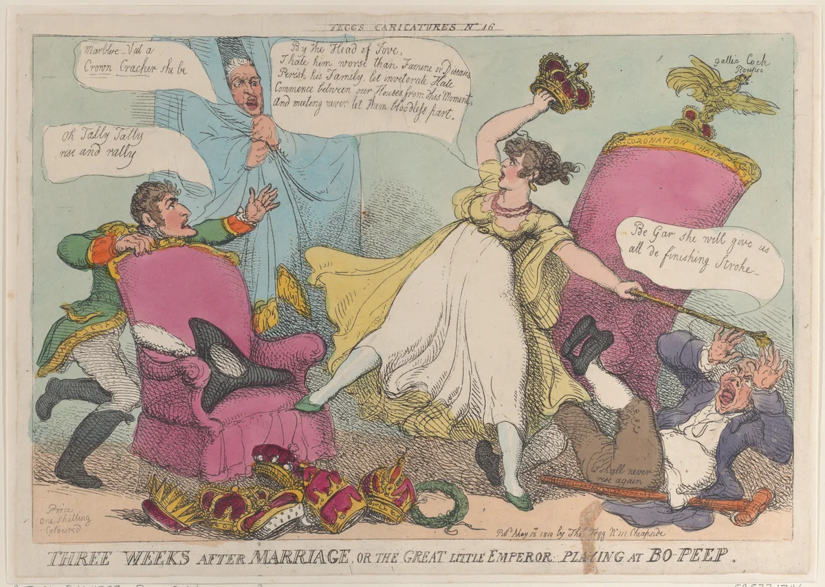 Three Weeks After Marriage, or the Great Little Emperor Playing at Bo-Peep by Thomas Rowlandson, print, 1810