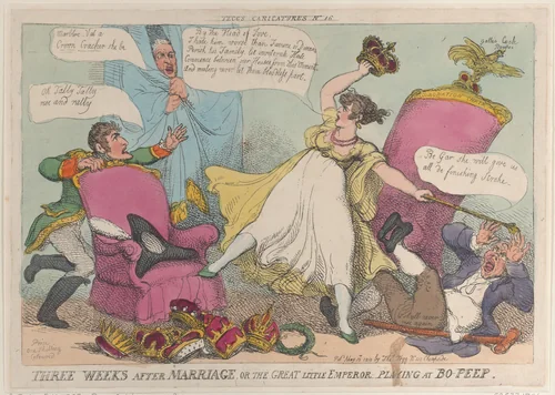 Three Weeks After Marriage, or the Great Little Emperor Playing at Bo-Peep by Thomas Rowlandson, print, 1810