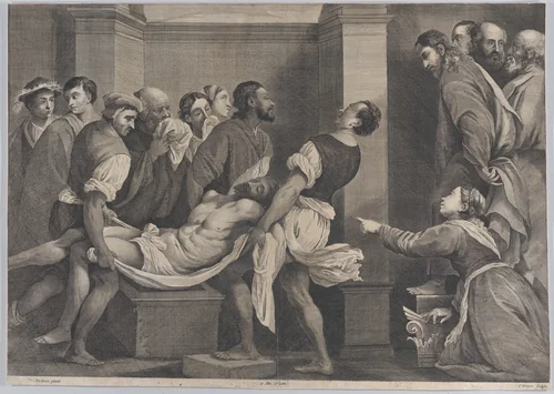 The raising of Lazarus, who is carried by three men at left, while his sister and Christ look on at right; from 'Theatrum Pictorium', after Pordenone by Jan van Troyen, print, 1651-1665