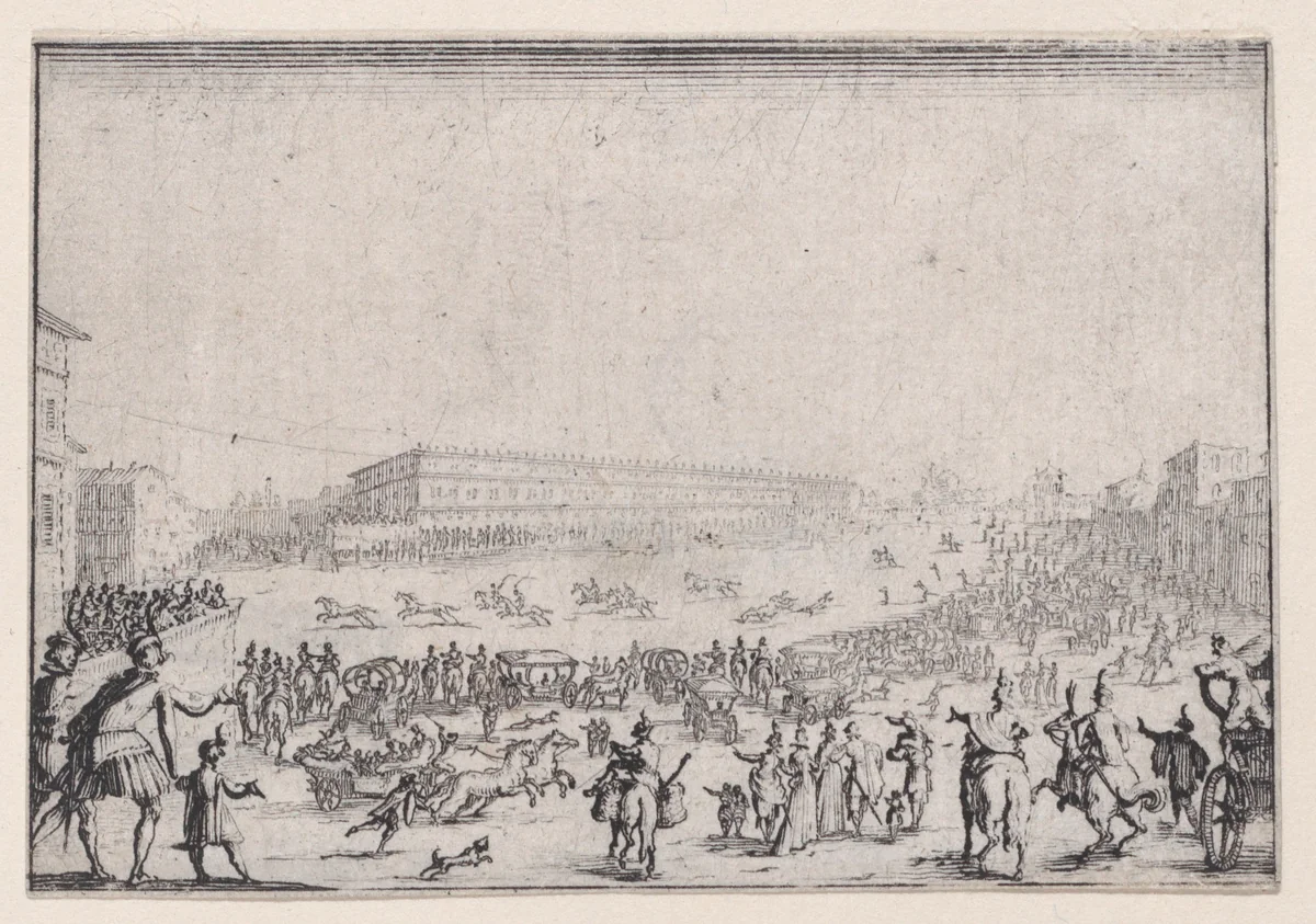 La Course de Chevaux sur la Place Pitti a Florence (The Horse Race on the Piazza Pitti in Florence), from "Les Caprices" Series A, The Florence Set by Jacques Callot, print, 1617