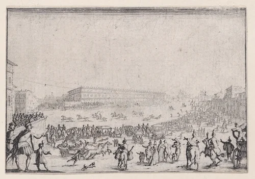 La Course de Chevaux sur la Place Pitti a Florence (The Horse Race on the Piazza Pitti in Florence), from "Les Caprices" Series A, The Florence Set by Jacques Callot, print, 1617
