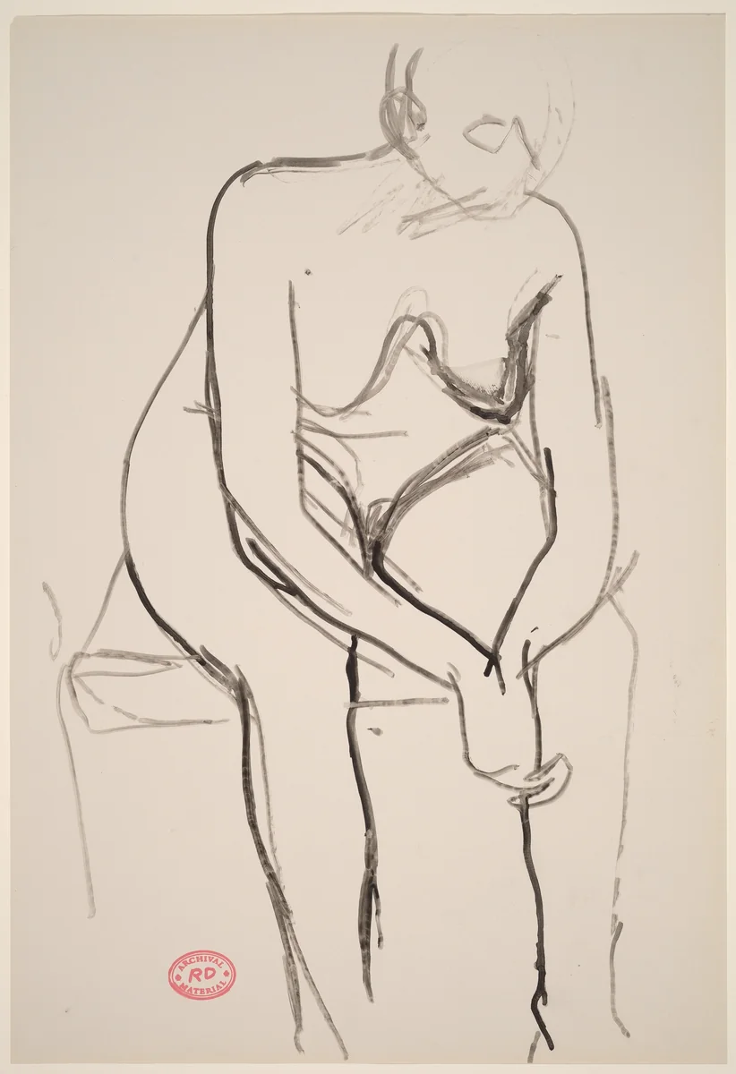 Untitled [seated nude with clasped hands leaning forward] by Richard Diebenkorn, drawing, 1955-1967