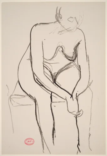 Untitled [seated nude with clasped hands leaning forward] by Richard Diebenkorn, drawing, 1955-1967