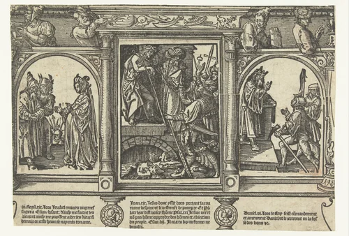 Pilatus toont Christus aan het volk (Ecce Homo), Izabel bedreigt Elia en de Babyloniërs eisen Daniëls dood. by Unknown, print, 1520-1521