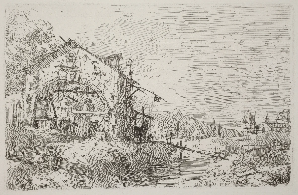 Landscape with a Woman at a Well [lower left] by Canaletto, print, 1735-1746