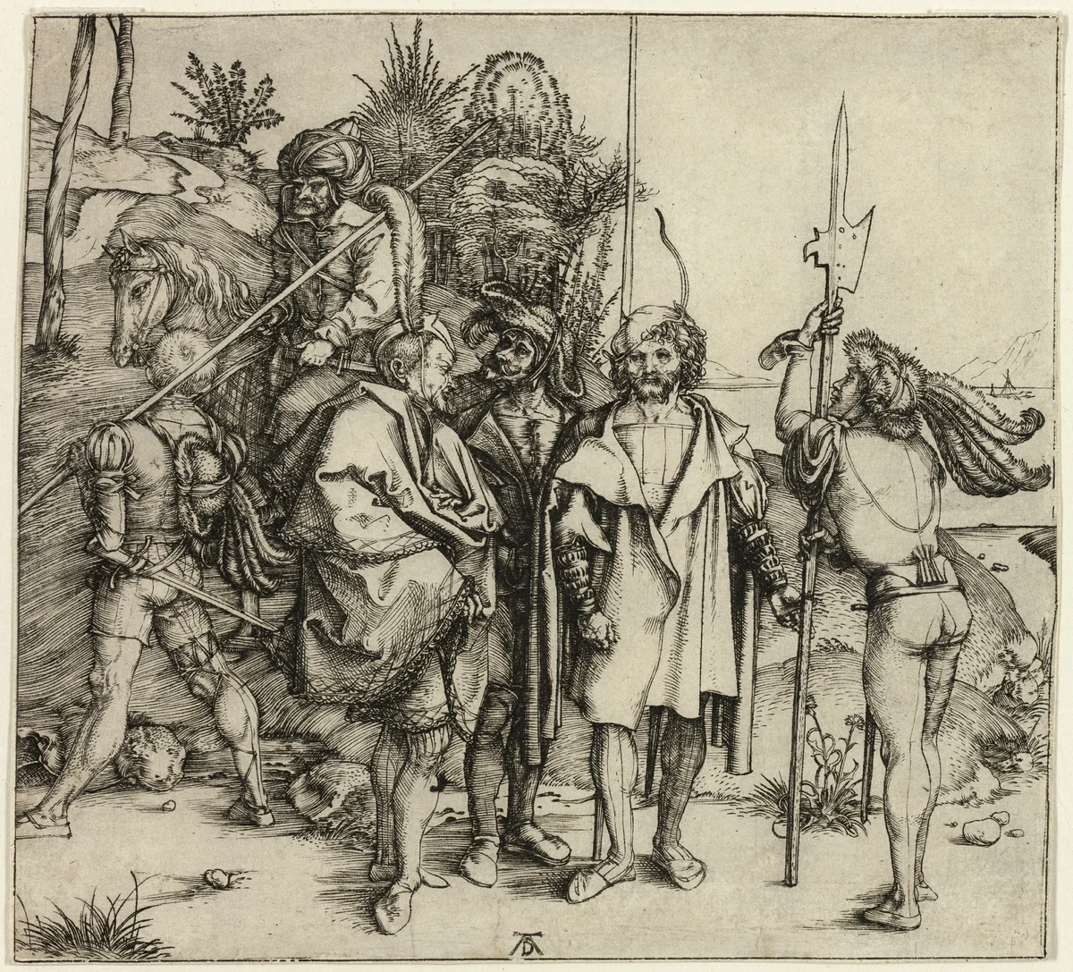Five Landsknechte and an Oriental Man on Horseback by Albrecht Dürer, print, 1490-1500