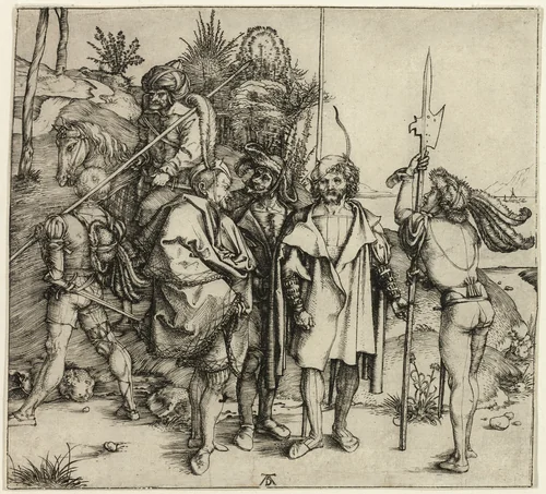 Five Landsknechte and an Oriental Man on Horseback by Albrecht Dürer, print, 1490-1500
