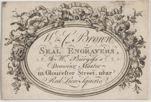 Trade card for W & C Bronn, seal engravers by anonymous, print, 1700-1800