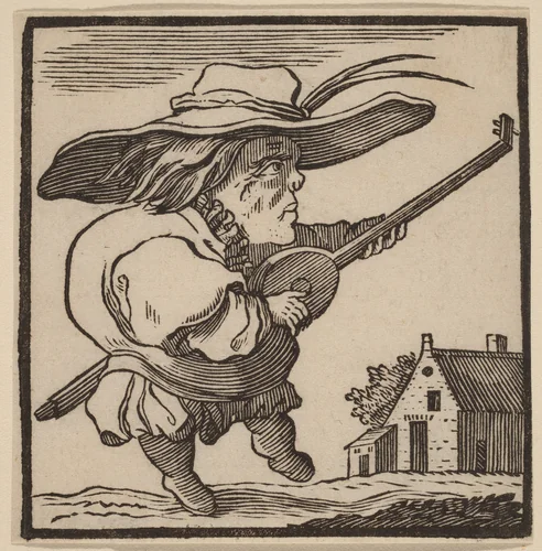 Hunchback Playing a Lute by H. Numan, print, 1769-1771