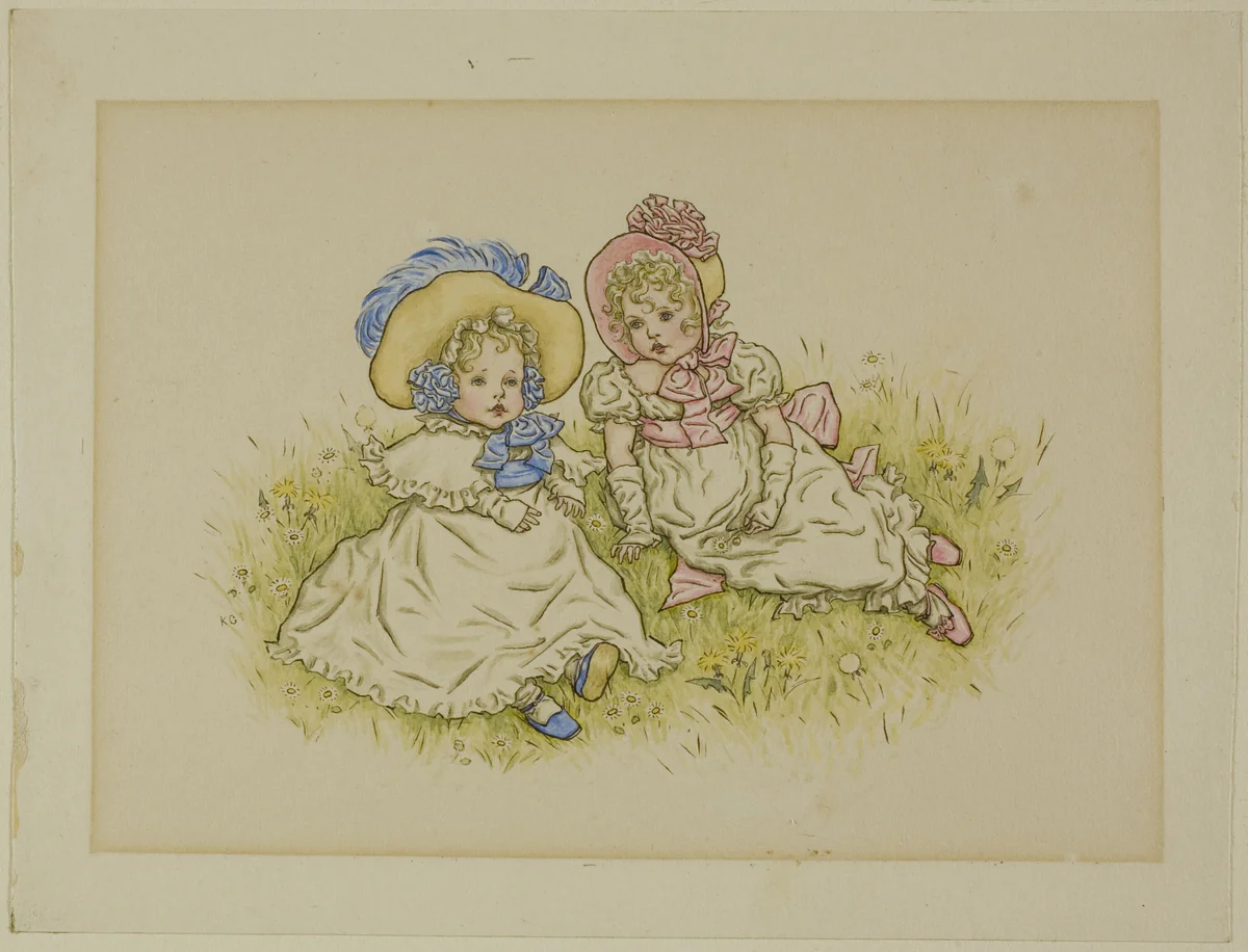 Two Little Girls with Bonnets by Kate Greenaway, painting, 1883