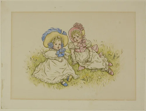 Two Little Girls with Bonnets by Kate Greenaway, painting, 1883