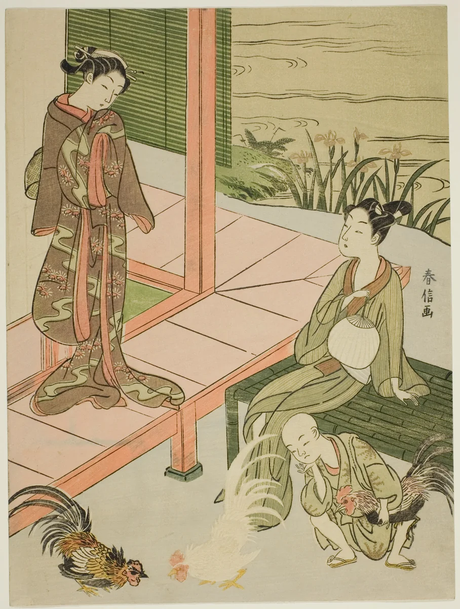 Watching a Cockfight at the Edge of the Veranda by Suzuki Harunobu (鈴木春信), print, 1762-1770