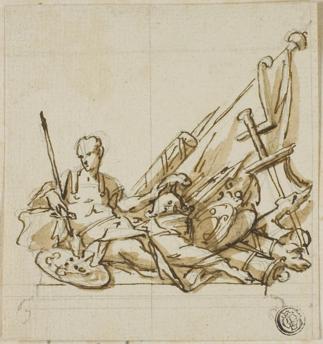 Warrior upon Sarcophagus Accompanied by Trophies: Unexecuted Design for the Monument to the First Duke of Marlborough by John Michael Rysbrack, drawing, 1728-1738