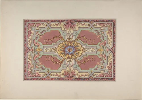 Design for a Painted Ceiling with Strapwork and Foliage on a Rose Background by Jules-Edmond-Charles Lachaise, drawing, 1850-1900