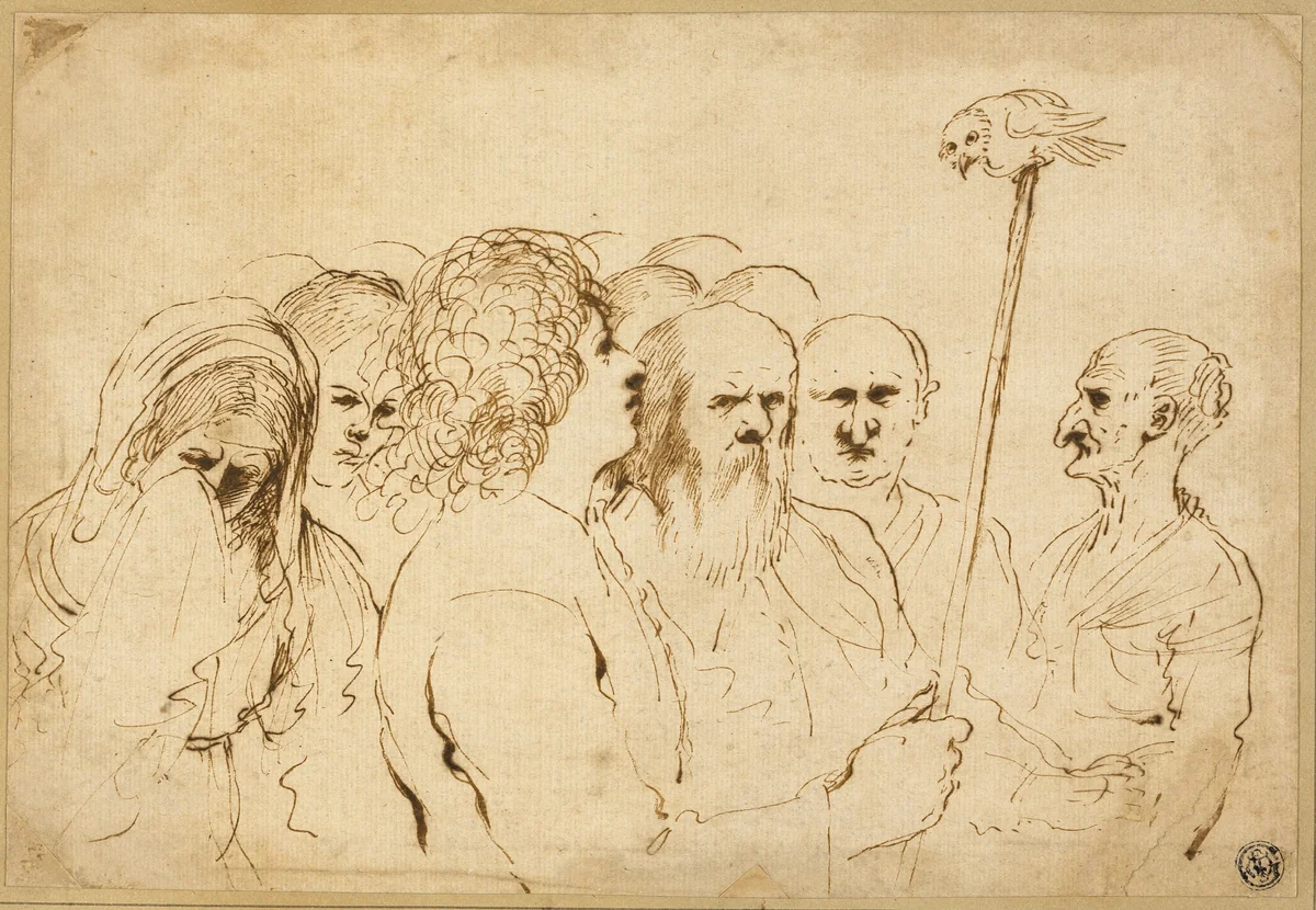 Group of Figures, with Owl on a Pole by Guercino, drawing, 1611-1666