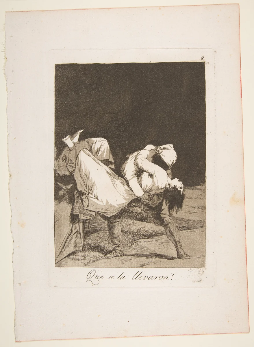 Plate 8 from "Los Caprichos": They carried her off! (Que se la llevaron!) by Goya, print, 1799