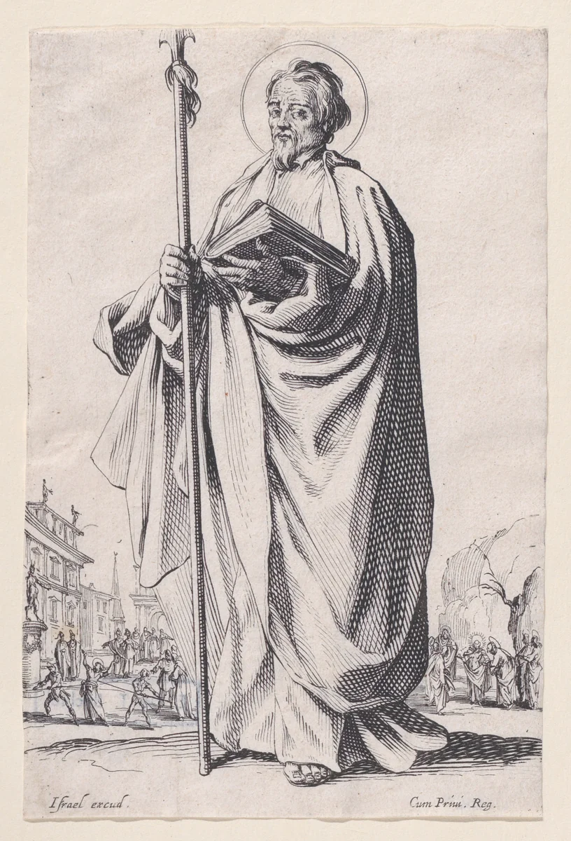 St. Thomas, from "Les Grands Apôtres Debout, Représentant Le Sauveur, La Bienheureuse Marie et Les Saints Apôtres" (The Large Standing Apostles, Representing The Savior, The Blessed Mary and The Apostles) by Jacques Callot, print, 1631