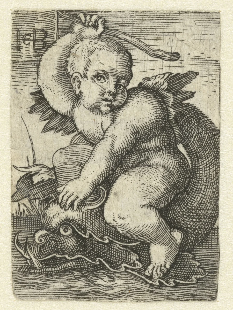 Putto op dolfijn by Unknown, print, 1510-1569
