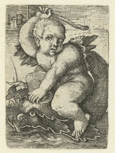 Putto op dolfijn by Unknown, print, 1510-1569
