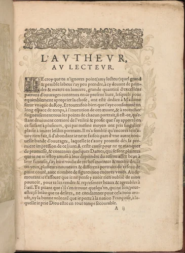 Les Secondes Oeuvres, et Subtiles Inventions De Lingerie du Seigneur Federic de Vinciolo Venitien, page 2 (recto) by Federico de Vinciolo, book, 1603