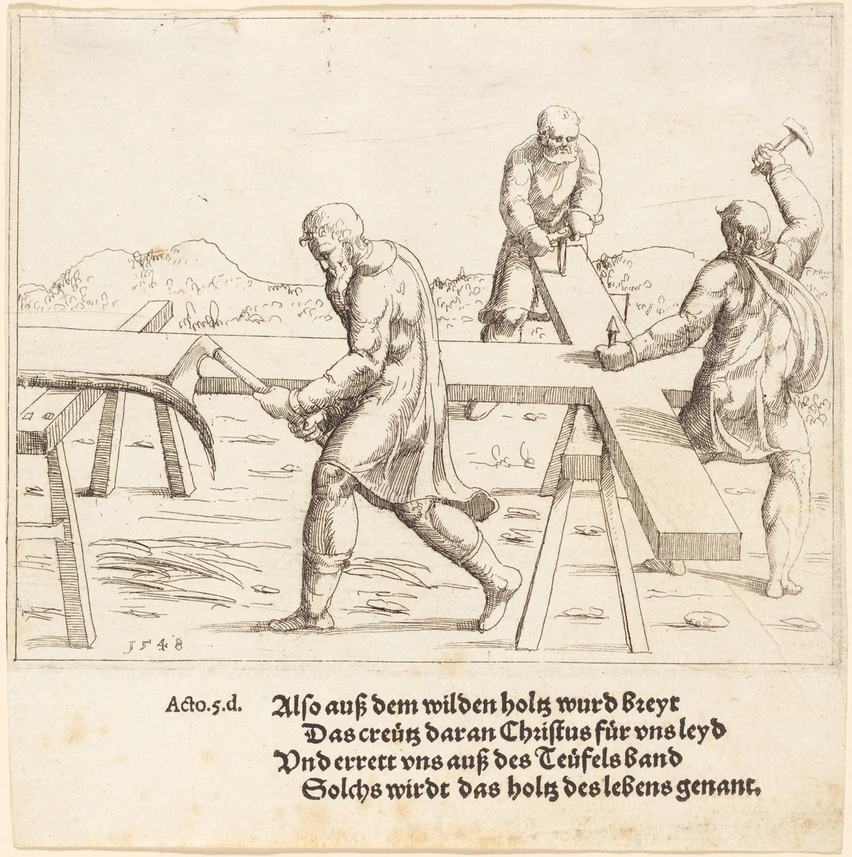 The Preparation of the Cross by Augustin Hirschvogel, print, 1548