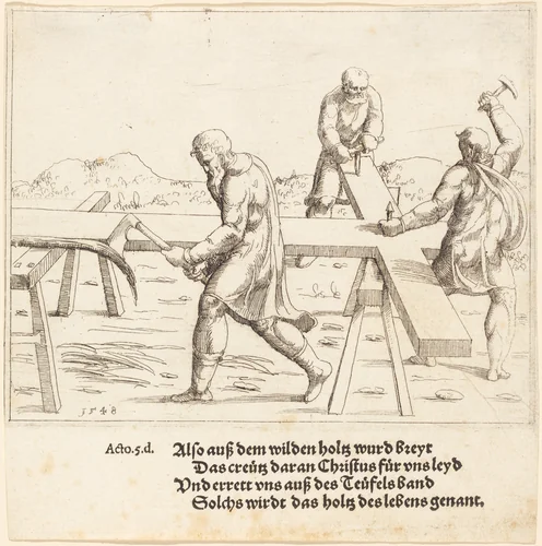 The Preparation of the Cross by Augustin Hirschvogel, print, 1548