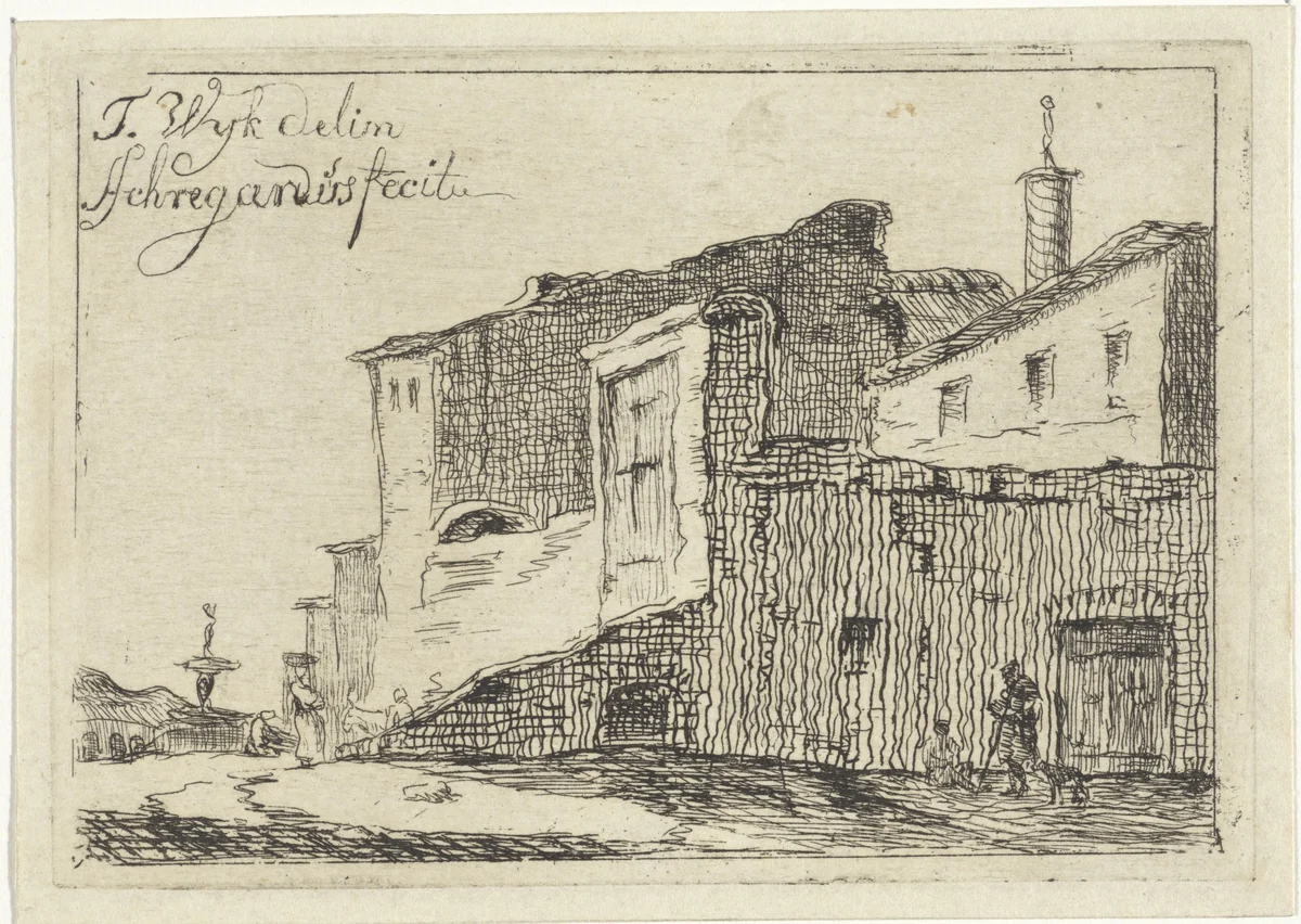 Gezicht op een Italiaanse stad of dorp by Adriaan Schregardus, print, 1750-1812