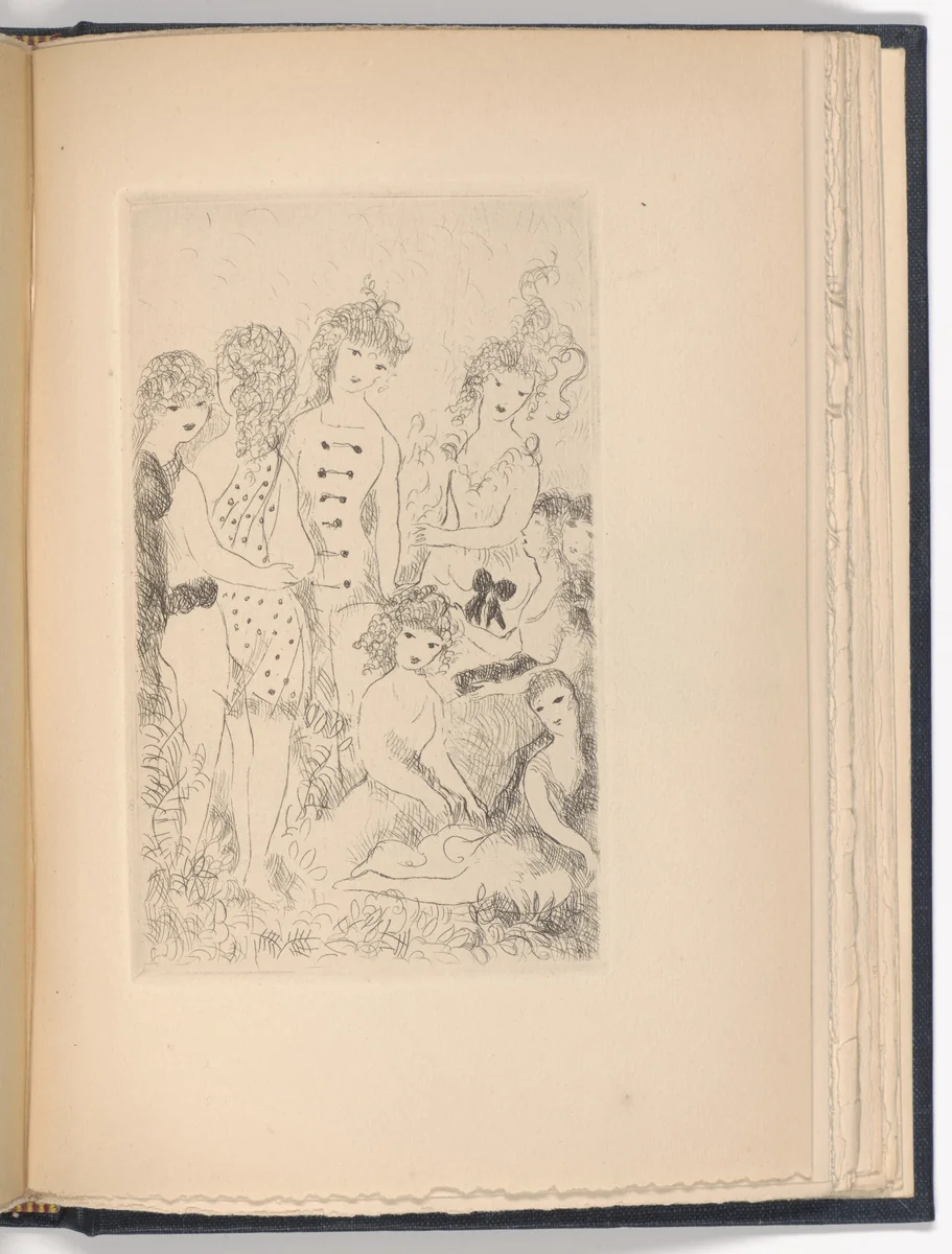 Huit filles dans un pré (Eight Girls in a Meadow) (plate, facing page 72) from Dix filles dans un pré (Ten Girls in a Meadow) by Marie Laurencin, illustrated book, 1926