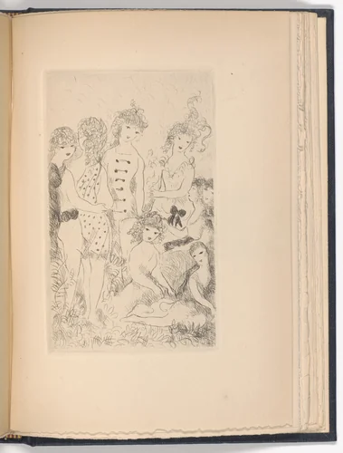 Huit filles dans un pré (Eight Girls in a Meadow) (plate, facing page 72) from Dix filles dans un pré (Ten Girls in a Meadow) by Marie Laurencin, illustrated book, 1926