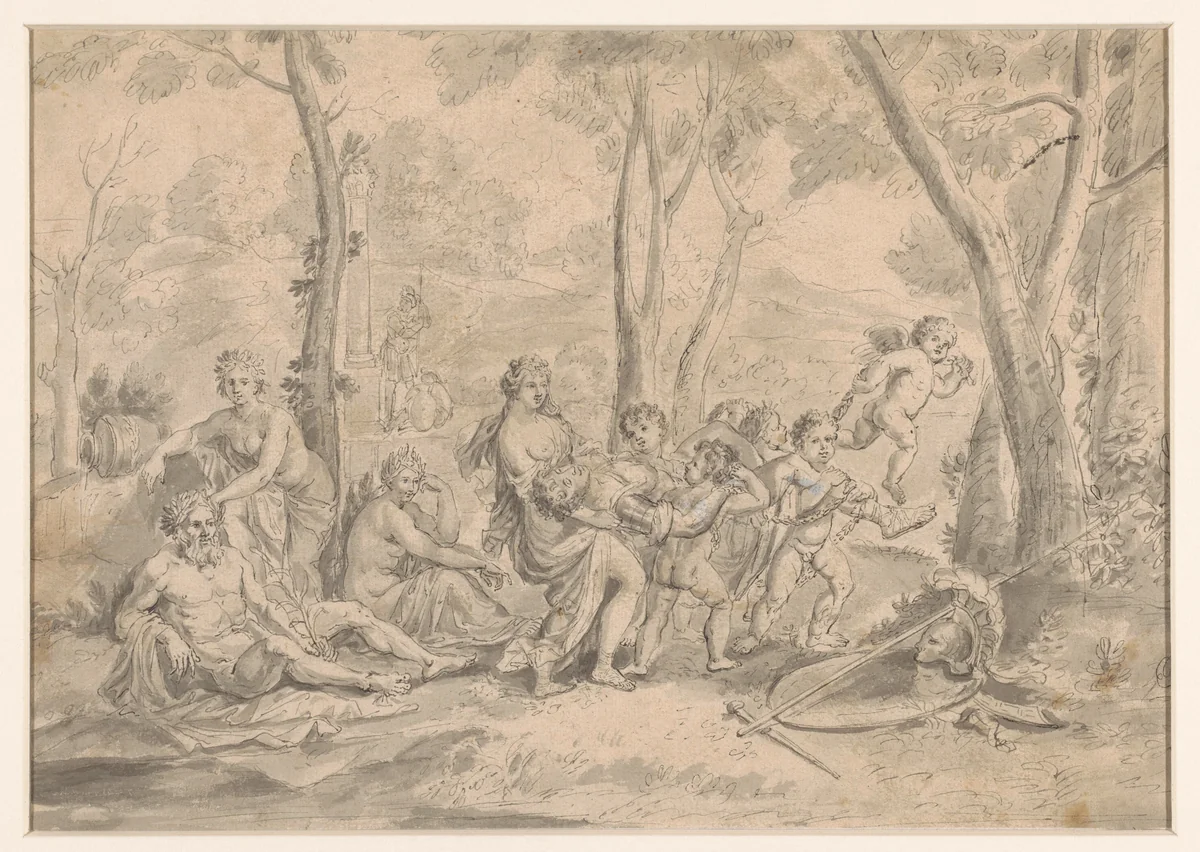 Dode ridder (Orlando?) wordt door vrouw en geniï weggedragen by Jean Cotelle, drawing, 1652-1708