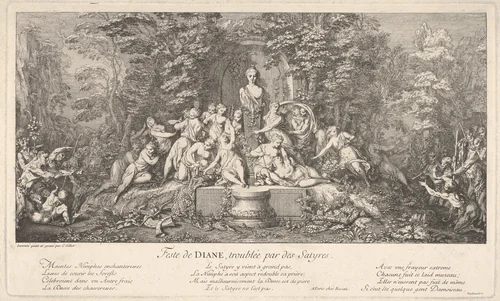 The festival of Diana, interrupted by satyrs (Feste de Diane, troublée par des Satyres), from "Les Bacchanales; Quatres Festes" by Claude Gillot, print, 1786