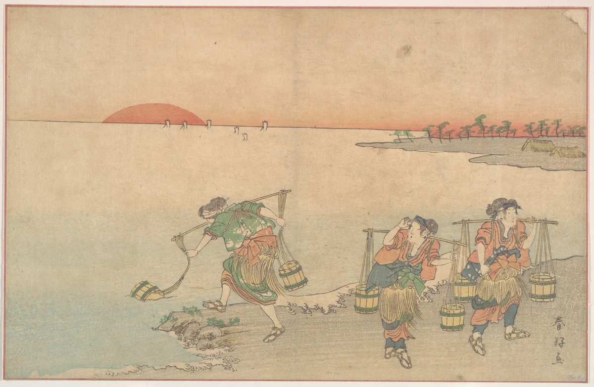 Three Water Carriers at the Shore by Katsukawa Shunkō (勝川春好), print, 1743-1812