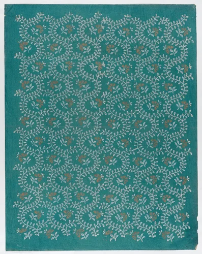 Sheet with meandering vine pattern with gold flowers by anonymous, print, 1800-1900