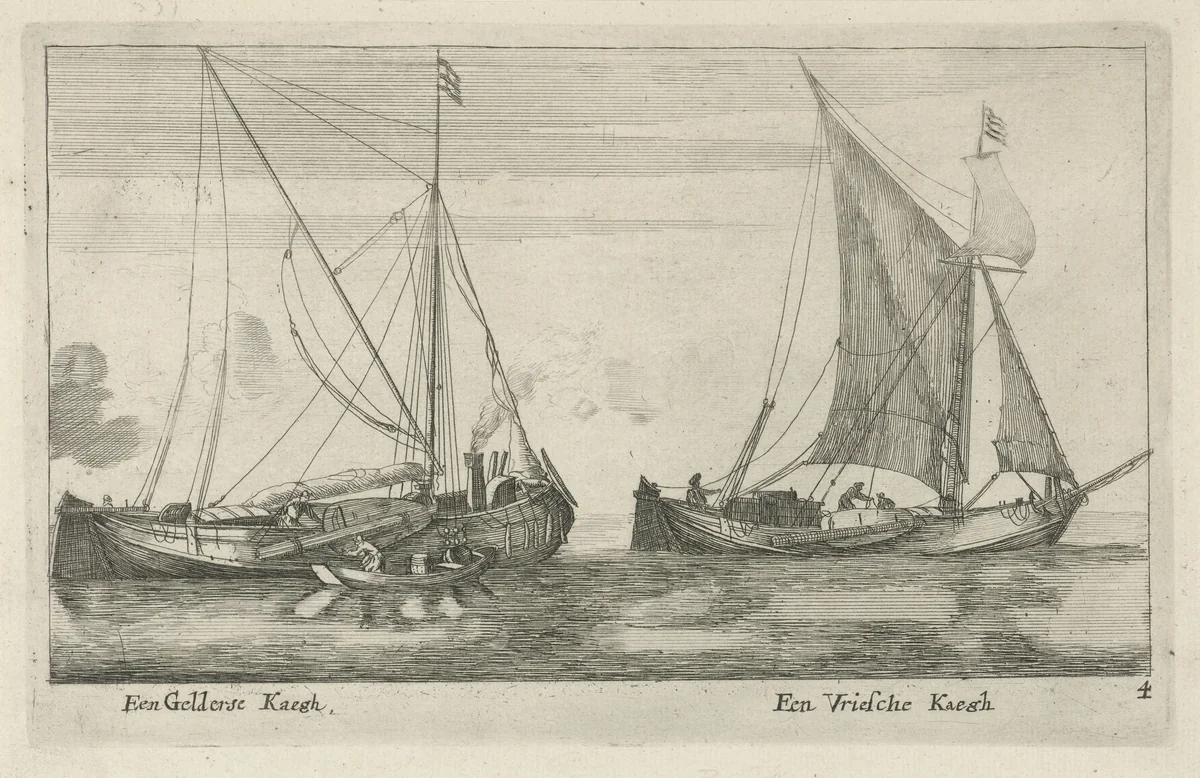 Twee schepen: een Friese kaag en een Gelderse kaag by anonymous, print, 1652-1714