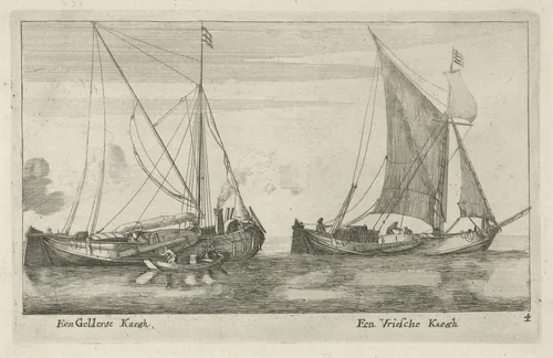 Twee schepen: een Friese kaag en een Gelderse kaag by anonymous, print, 1652-1714
