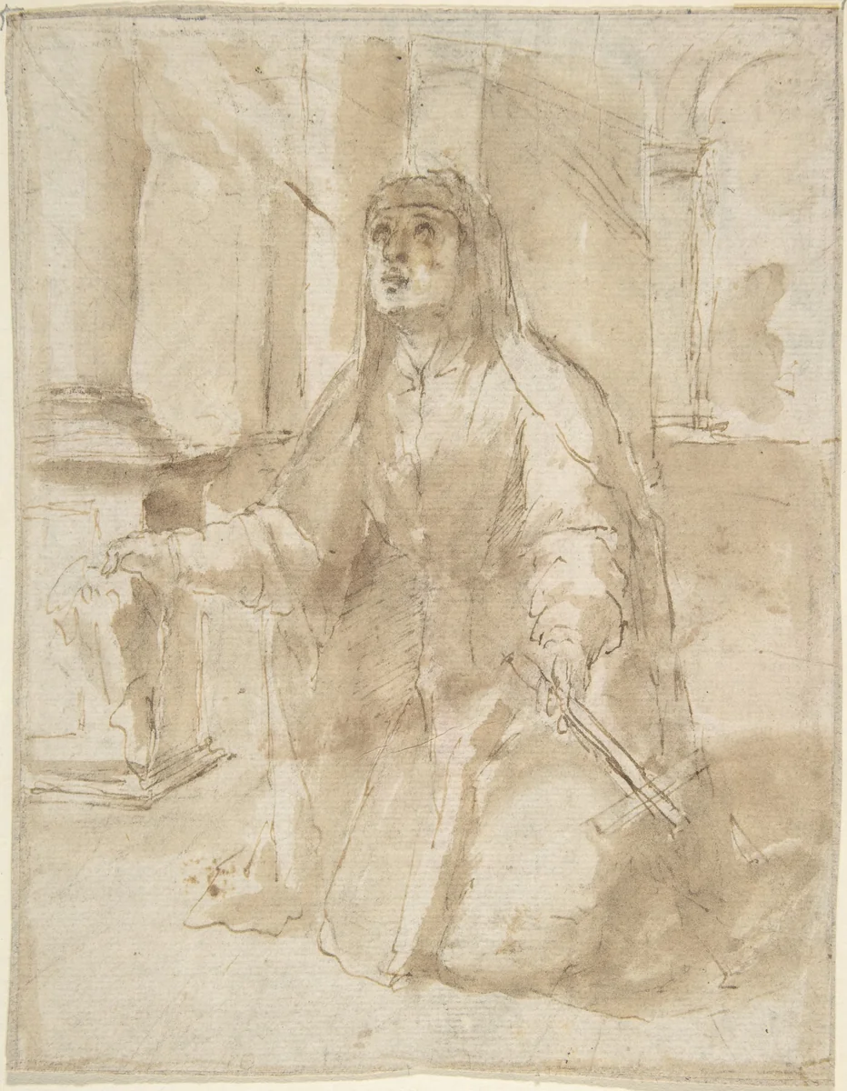 Kneeling Figure of a Nun by anonymous, drawing, 1600-1700