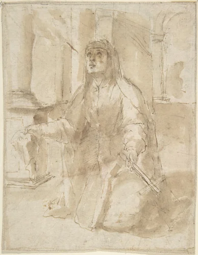 Kneeling Figure of a Nun by anonymous, drawing, 1600-1700