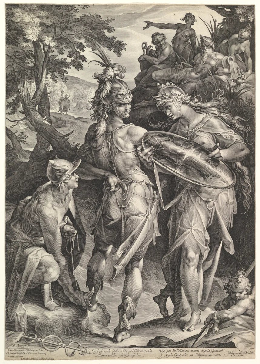 Minerva and Mercury Arming Perseus by Jan Muller, print, 1604