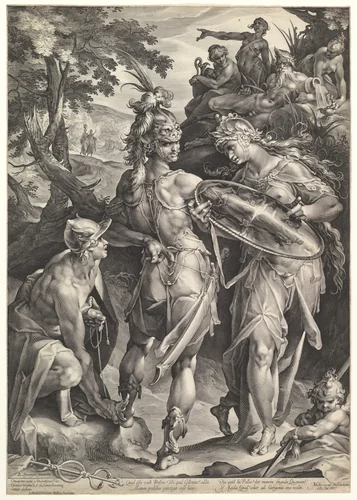 Minerva and Mercury Arming Perseus by Jan Muller, print, 1604