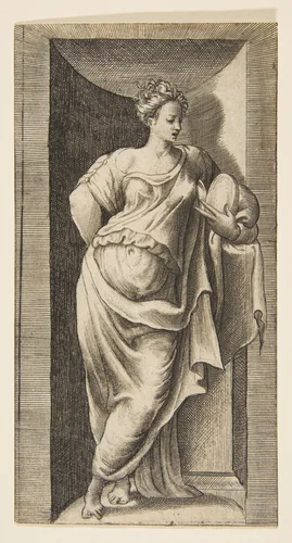 A muse standing in a niche, left arm resting in a ledge by Giulio Bonasone, print, 1526-1536