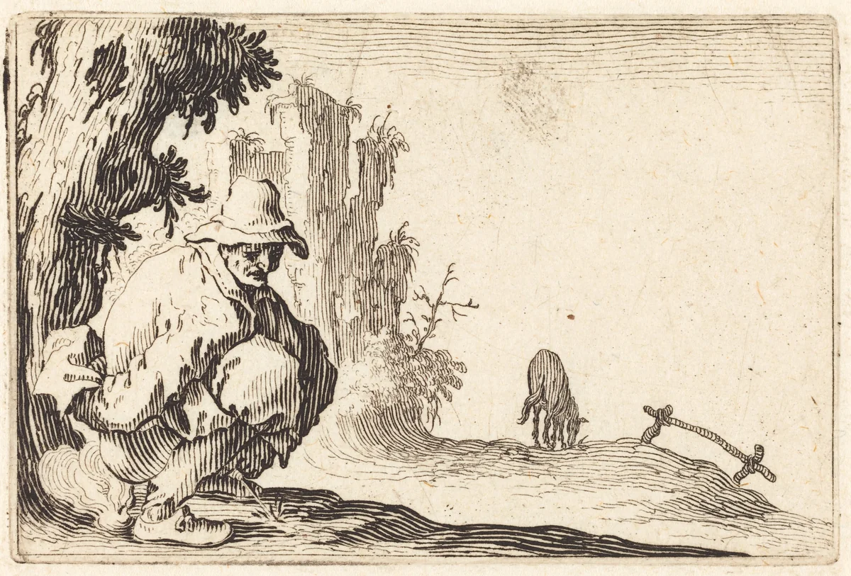 Peasant Defecating by Jacques Callot, print, 1622