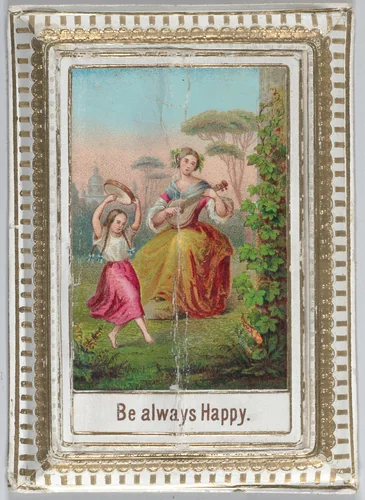 Mechanical box-shaped greeting card: dancing and bucholic scene, Cupid brings bouquets. by anonymous, other, 1870-1880