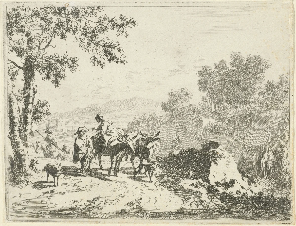 Pad met herders en vee by Johannes Gronsveld, print, 1679-1728