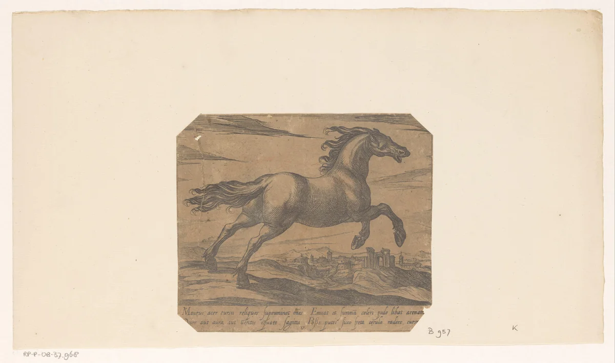 Paard naar rechts galopperend by Antonio Tempesta, print, 1590