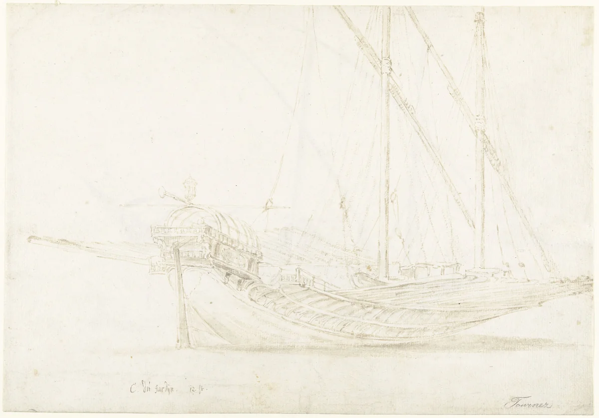 An Italian Galley, with the Stern to the Left/ verso: An Italian Gallery with the Bow to the Left, and Several Figure Sketches by Guilliam du Gardijn, drawing, 1605-1647