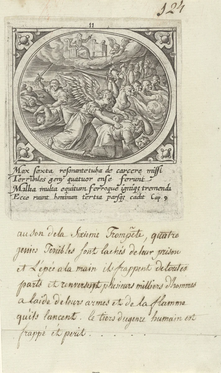 Zesde engel blaast op bazuin by Unknown, print, 1585